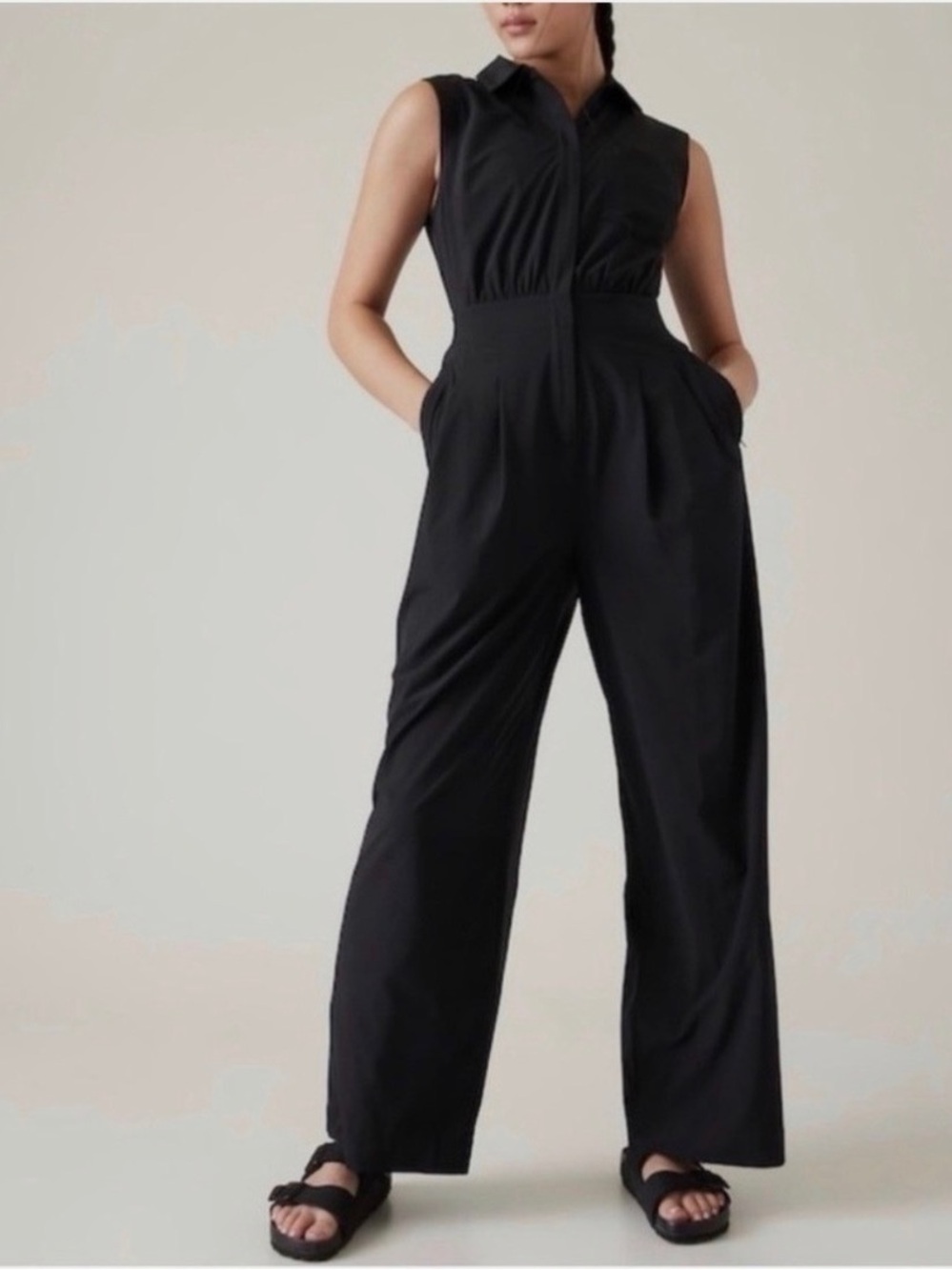 Athleta Brooklyn Heights Wide Leg Jumpsuit Black Women’s size 8 Performance